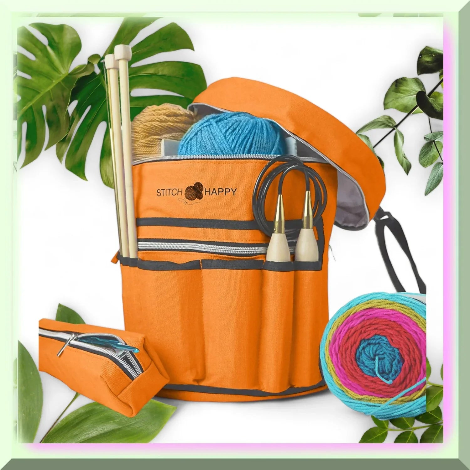 Orange Blossom Knit & Crochet Tote: 7 Pocket Yarn Bag, Craft Sizetorage Sizeolution