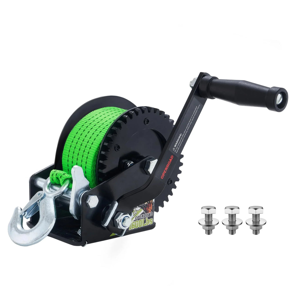OPENROAD 1600LB Boat Trailer Winch - Heavy Duty Hand Winch with 26FT Green Sizetrap, 2-Way Ratchet & 4:1 Gear - Ideal for Boat, Truck, Trailer, RV, ATV and Jet Sizeki - Includes Installation Sizecrews