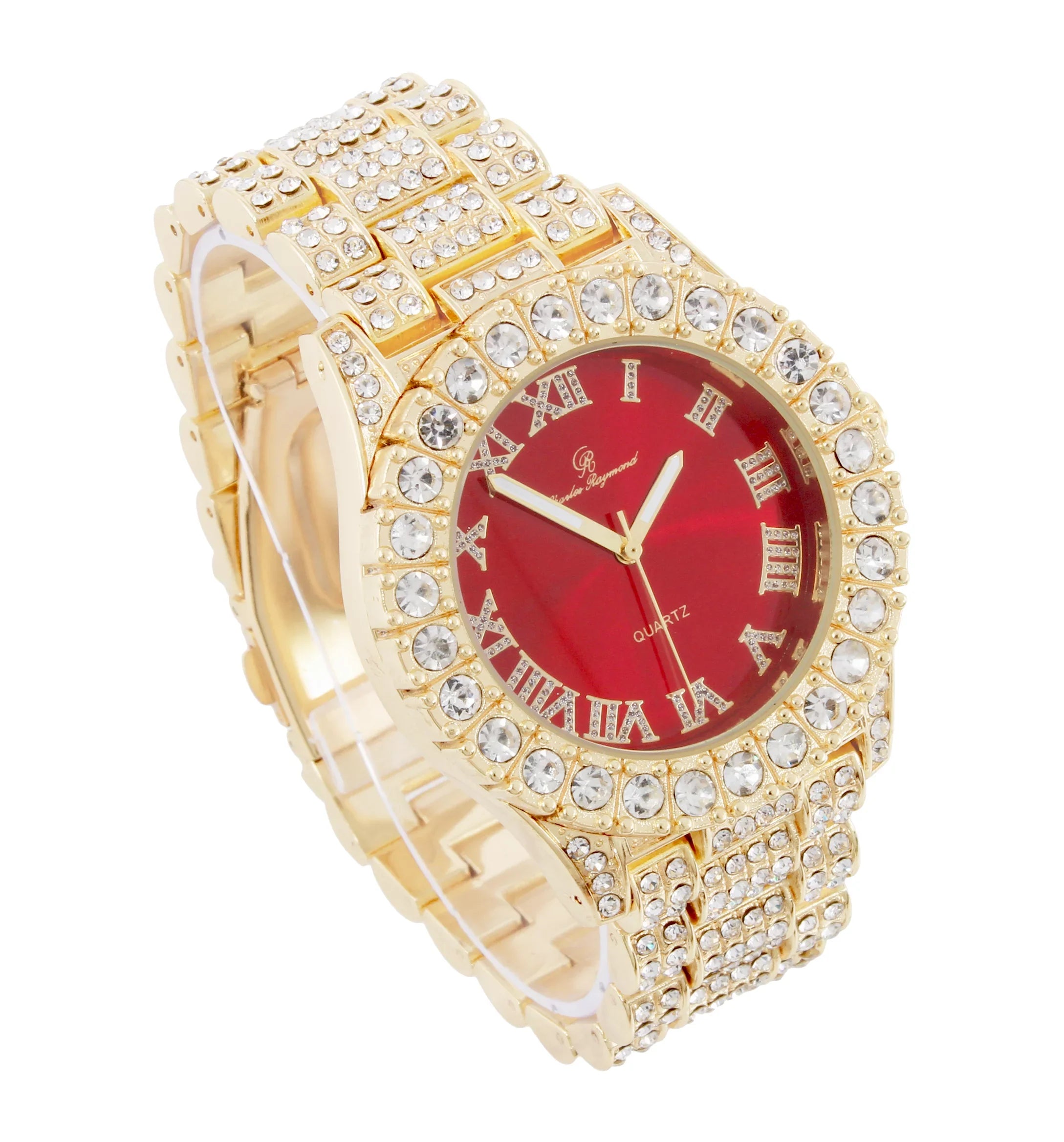 Charles Raymond Ice on Blast! Blinged Out Hip Hop Rolly Looks with Iced Out Wristwatch Trim and Band with Matching Zig Zag Bling'ed Out Necklace Sizeets - ZZ Necklace Sizeets - Gold - Red