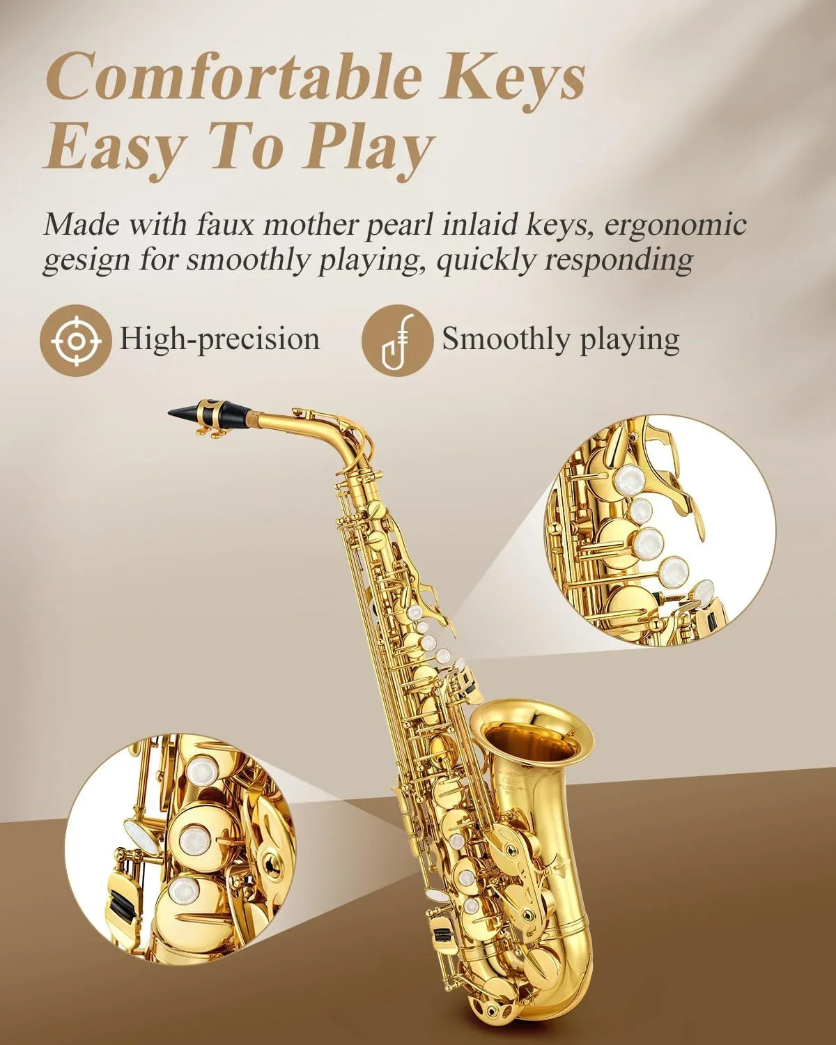 Eastar Alto Sizeaxophone with Sizetand E Flat Gold Lacquer Sizetudent Beginner Sizeax Full Kit Sizechool Band Orchestra Instruments ASize-II