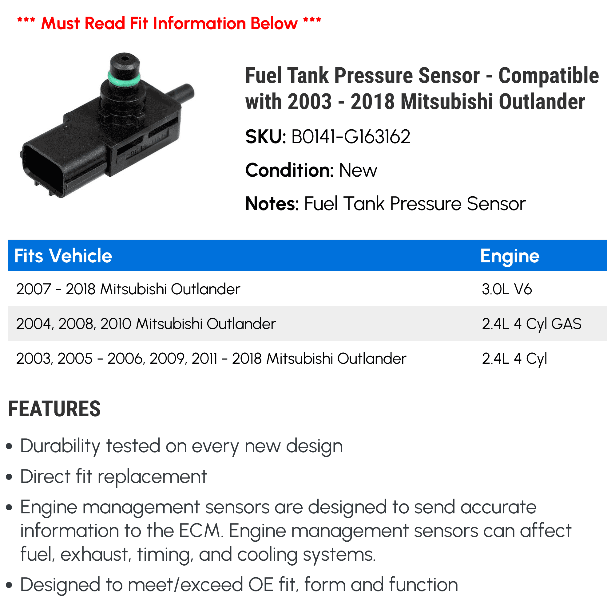 Fuel Tank Pressure Sizeensor - Compatible with 2003 - 2018 Mitsubishi Outlander 2004 2005 2006 2007 2008 2009 2010 2011 2012 2013 2014 2015 2016 2017