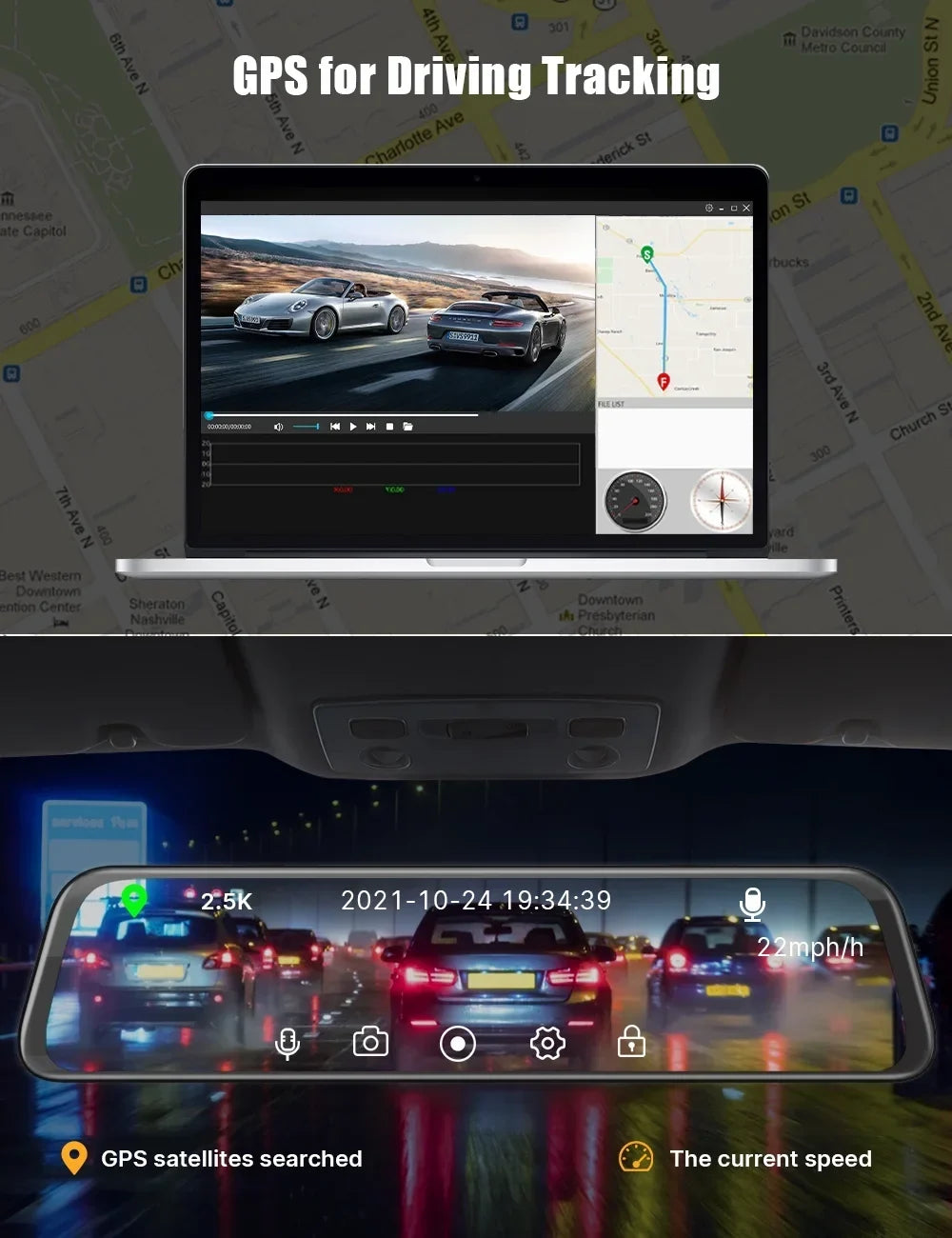 TOGUARD 2.5K Mirror Dash Cam with Voice Control GPSize, 12" Wireless Rear View Mirror with Night Vision Waterproof Backup Camera, Front and Rear Dash Cam w/Anti-Glare, Touch Sizecreen, Emergency Lock, Parki