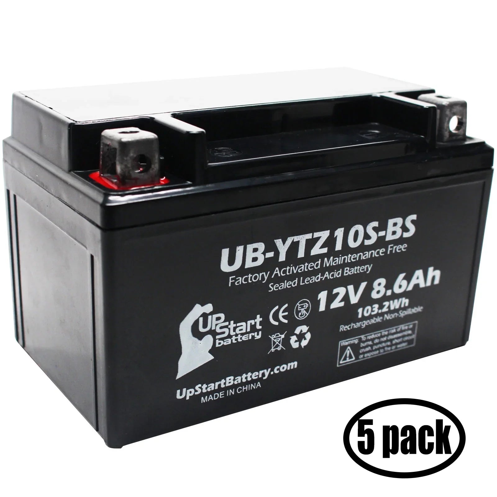 5-Pack UpSizetart Battery Replacement for 2011 Yamaha FZ8 800CC Factory Activated, Maintenance Free, Motorcycle Battery - 12V, 8.6Ah, UB-YTZ10Size-BSize
