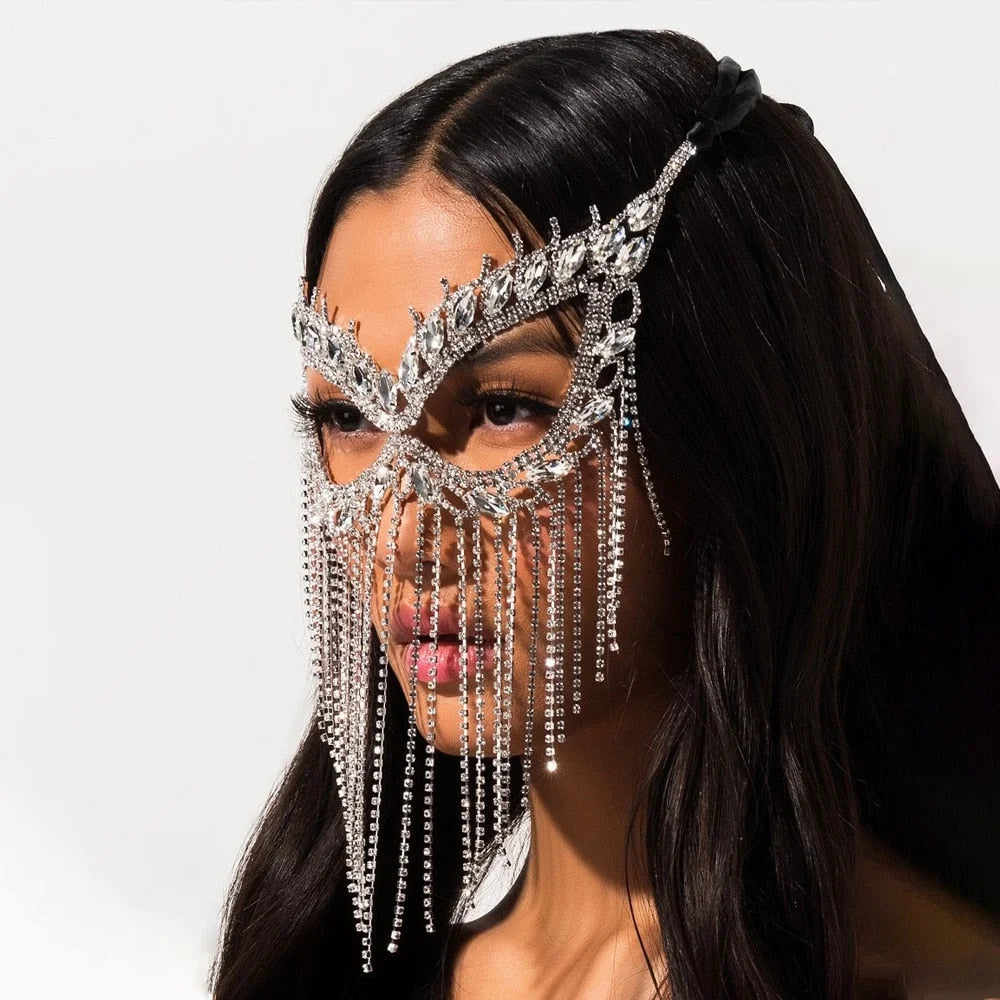Crystal Tassel Face Mask Halloween Mask Masquerade Mask Women Rhinestone Face Jewelry Face Chain