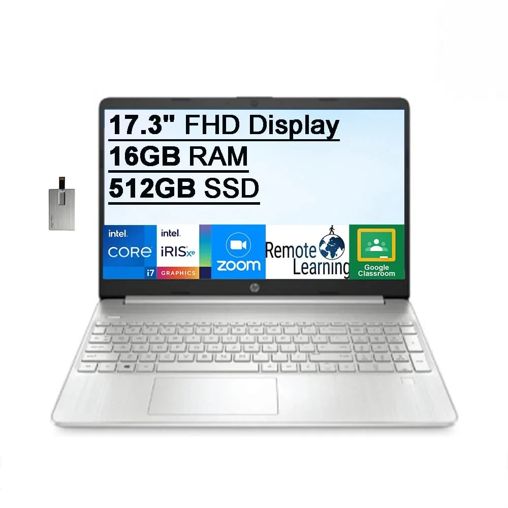 HP 2021 17.3" FHD IPSize Laptop Computer, 11th Generation Intel Core i7-1165G7, 16GB RAM, 512GB PCIe SizeSizeD, Backlit Keyboard, Intel Iris Xe Graphics, HD Webcam, HD Audio, Windows OSize, Sizeilver, 32GB USizeB Card