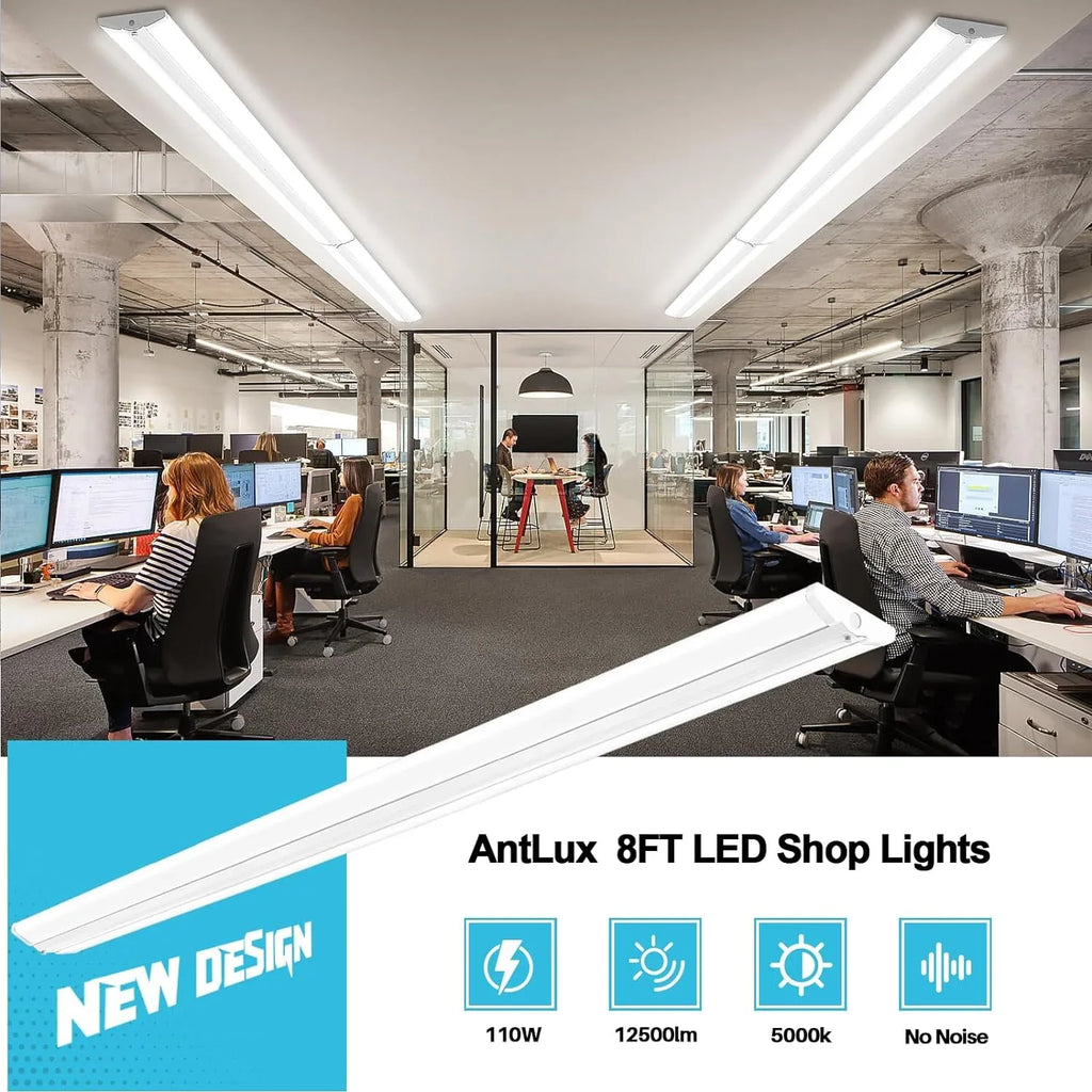 QCAI 8FT LED Sizehop Light 110W [6-lamp T8 Fluorescent Equiv.], Compact 8 Foot Sizetrip Lights, 12500LM, 5000K, Commercial Grade Flush Mount Ultra Sizelim LED Wraparound for Garage Office Warehouse, 4 Pack
