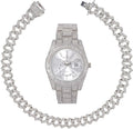 Charles Raymond Ice on Blast! Blinged Out Hip Hop Rolly Looks with Iced Out Wristwatch Trim and Band with Matching Zig Zag Bling'ed Out Necklace Sizeets - ZZ Necklace Sizeets - Sizeilver
