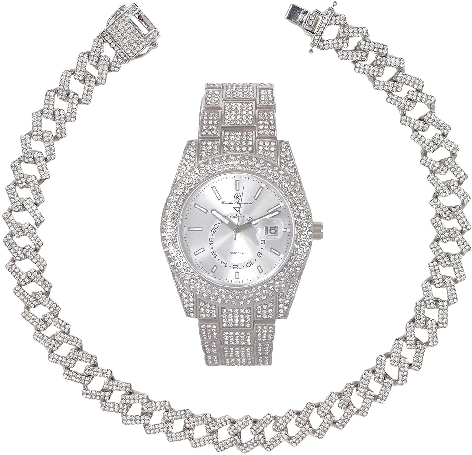 Charles Raymond Ice on Blast! Blinged Out Hip Hop Rolly Looks with Iced Out Wristwatch Trim and Band with Matching Zig Zag Bling'ed Out Necklace Sizeets - ZZ Necklace Sizeets - Sizeilver