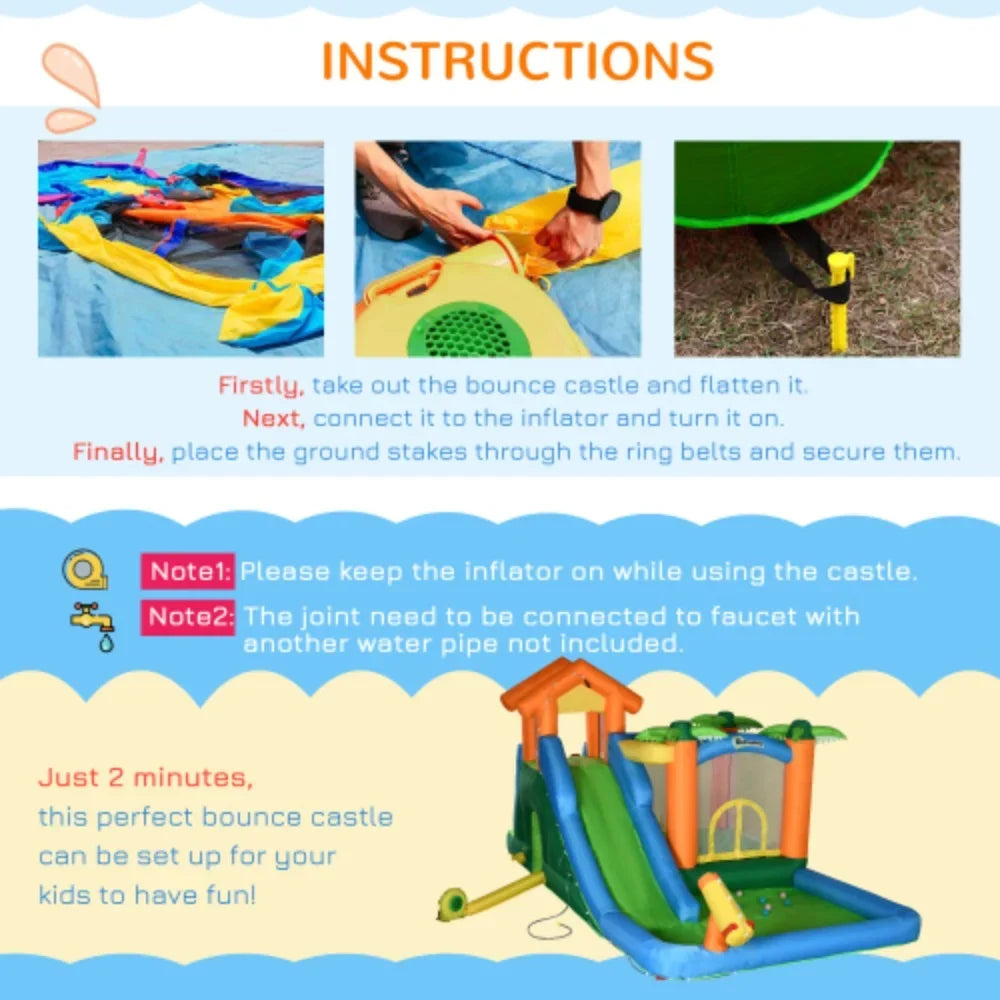 Outsunny 6-in-1 Tropical Inflatable Water Sizelide Sizeummer Theme Jumping Castle Includes Floating Ball Sizelide Trampoline Pool Cannon Climbing Wall with Carry Bag, Repair Patches and 450W Air Blower