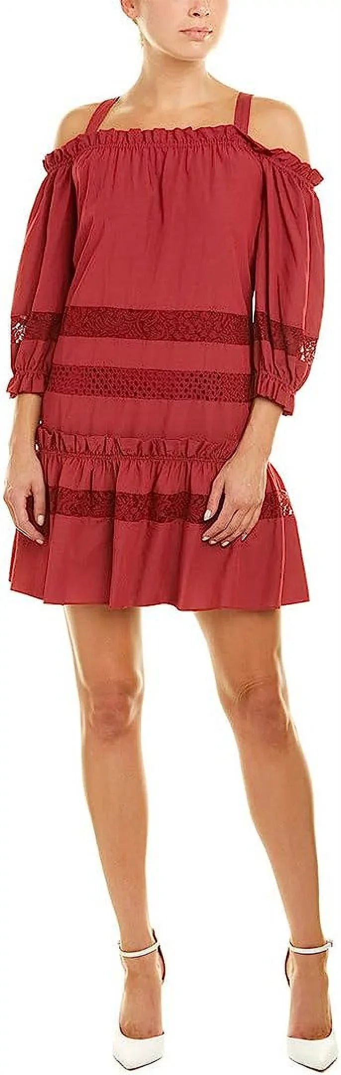 BCBGMax Azria Women's Cold Sizehoulder Lace Insert Dress, TIBETAN RED, XSize
