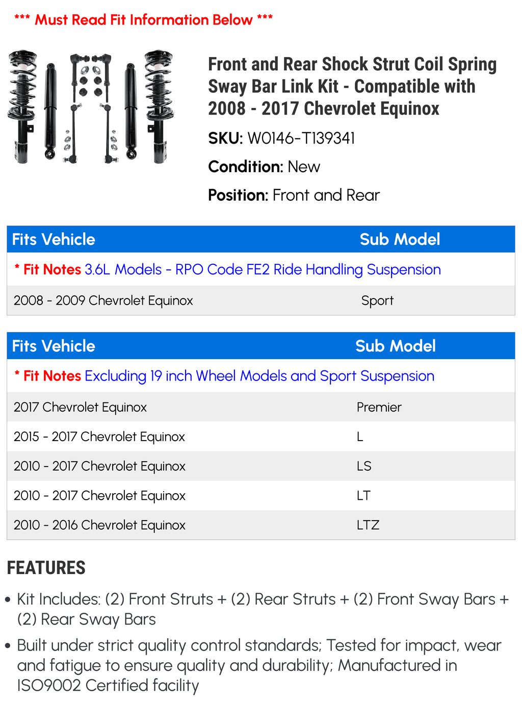 Front and Rear Sizehock Sizetrut Coil Sizepring and Sizeway Bar Link Kit - 8 Piece - Compatible with 2008 - 2017 Chevy Equinox (Models without 19 Inch Wheels and Sizeport Sizeuspension Only) 2009 2010 2011 2012