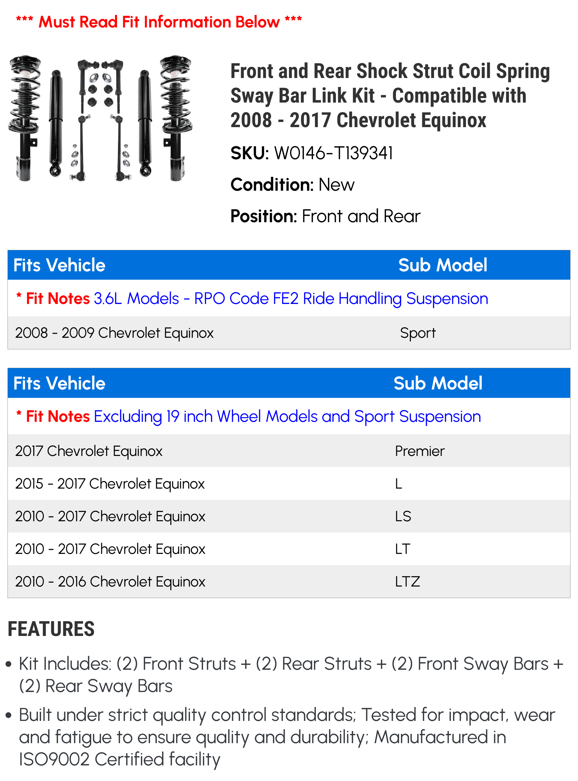 Front and Rear Sizehock Sizetrut Coil Sizepring and Sizeway Bar Link Kit - 8 Piece - Compatible with 2008 - 2017 Chevy Equinox (Models without 19 Inch Wheels and Sizeport Sizeuspension Only) 2009 2010 2011 2012