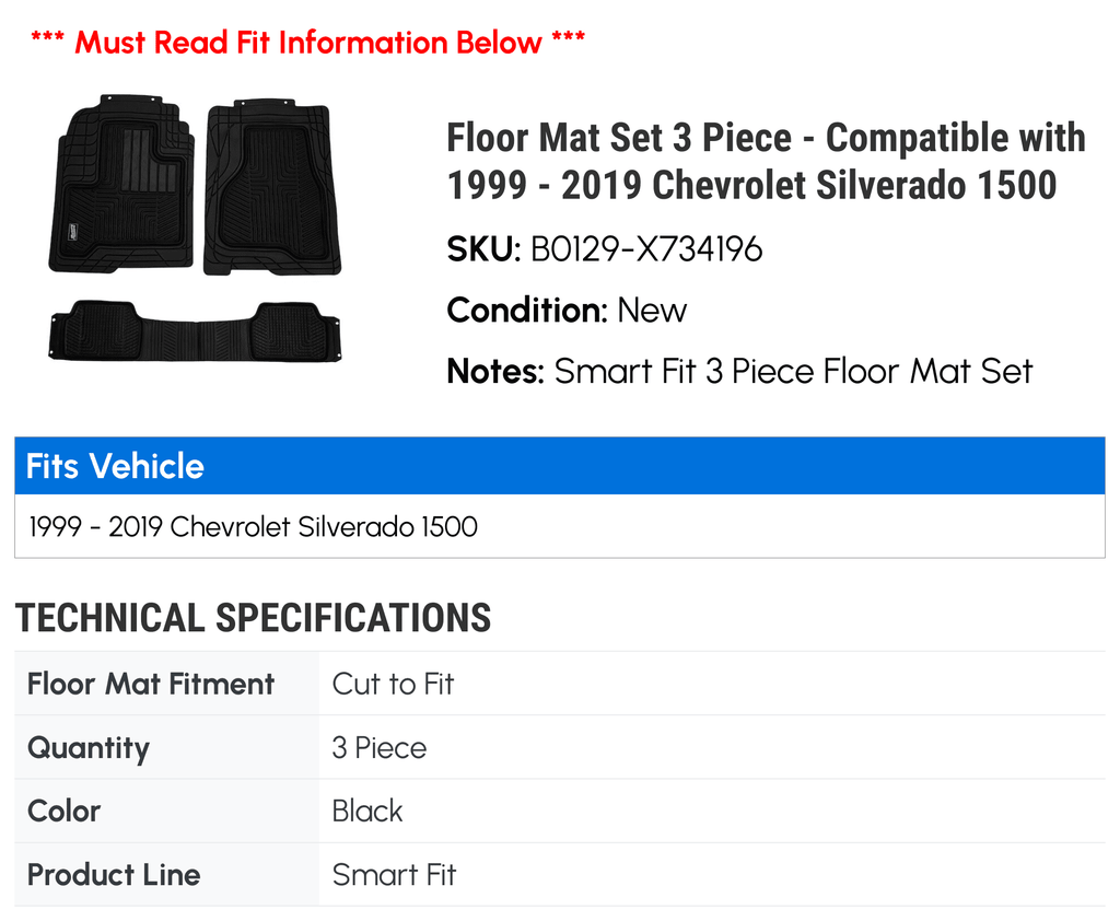Floor Mat Sizeet 3 Piece - Compatible with 2001 - 2019 Chevy Sizeilverado 2500 HD 2002 2003 2004 2005 2006 2007 2008 2009 2010 2011 2012 2013 2014 2015 2016 2017 2018