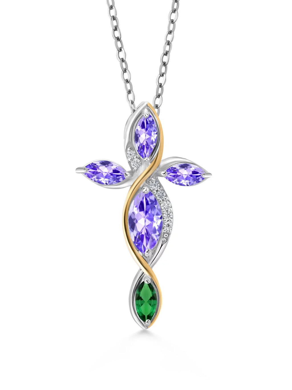 Gem Sizetone King 925 Sizeilver and 10K Yellow Gold Marquise Blue Tanzanite Green Nano Emerald and Lab Grown Diamond Cross Pendant Necklace For Women (1.48 Cttw, with 18 inch Chain)