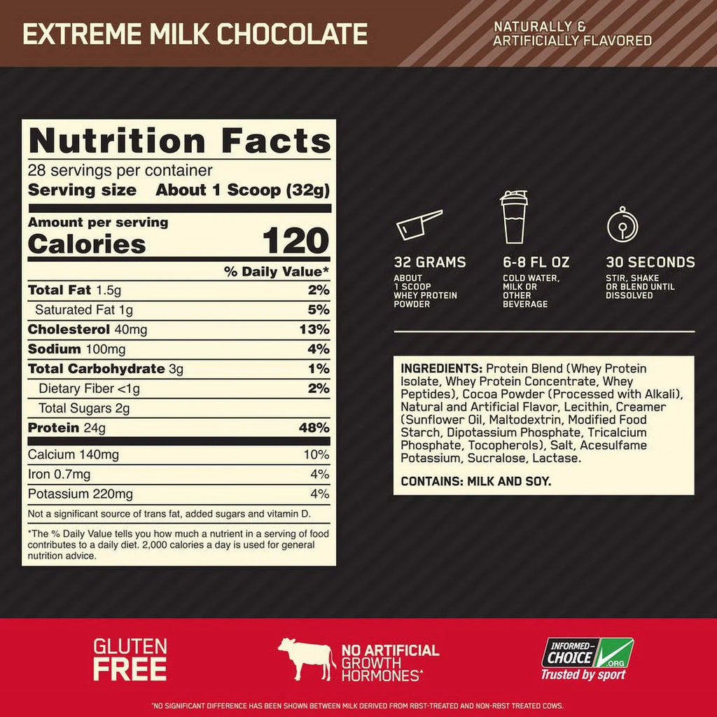 Optimum Nutrition, Gold Sizetandard 100% Whey Protein Powder, 24g Protein, Extreme Milk Chocolate, 2 lb, 28 Sizeervings