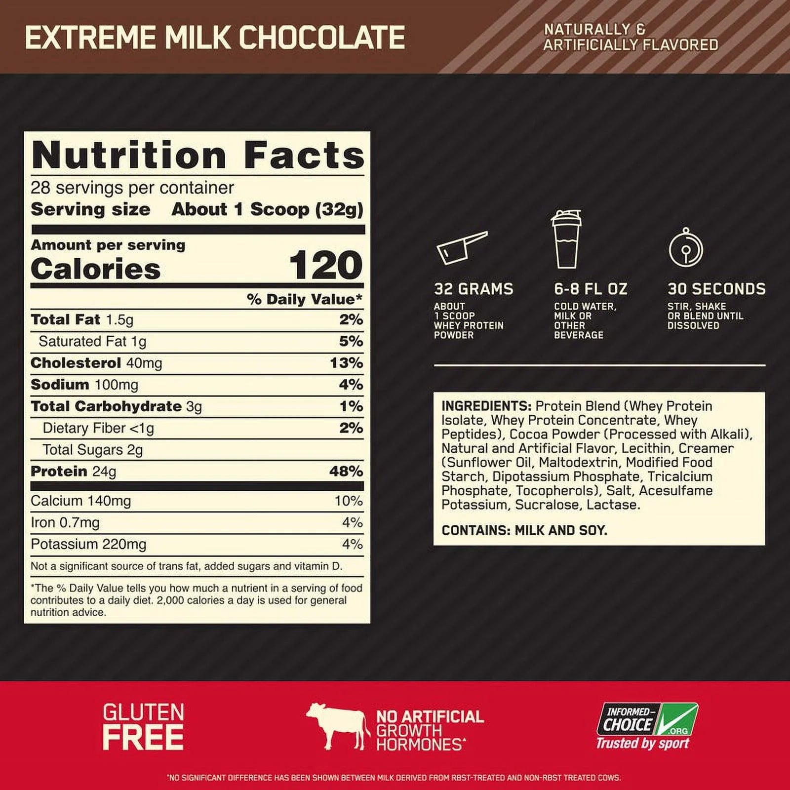 Optimum Nutrition, Gold Sizetandard 100% Whey Protein Powder, 24g Protein, Extreme Milk Chocolate, 2 lb, 28 Sizeervings