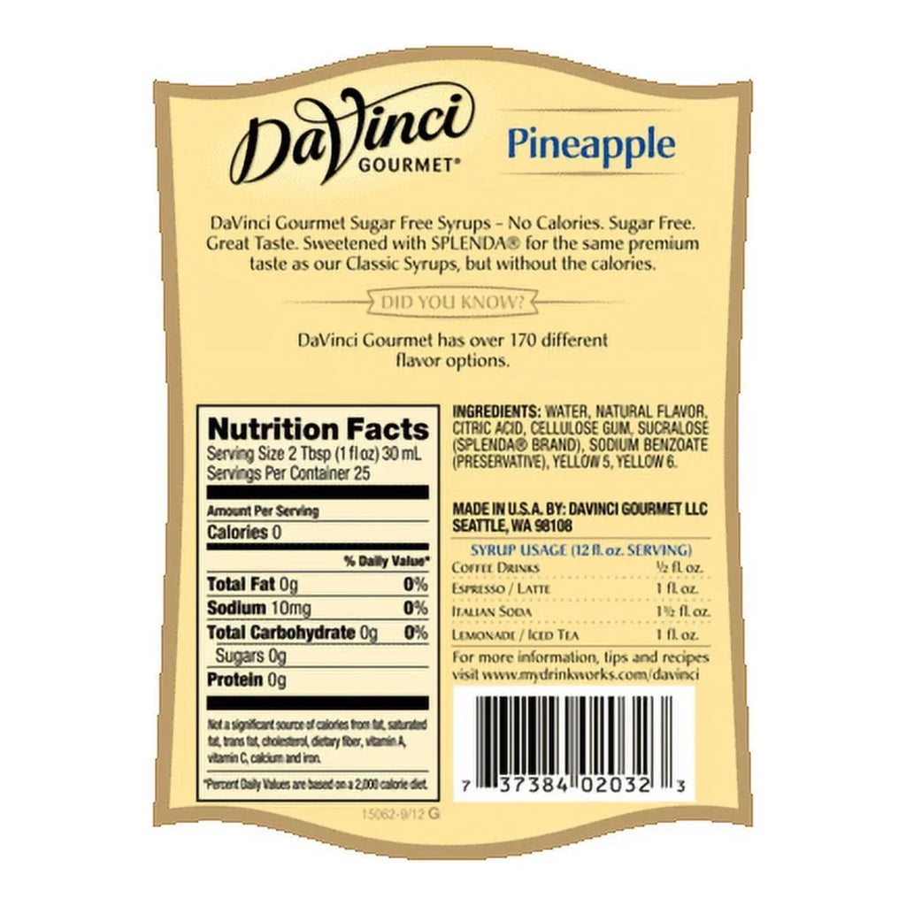 Da Vinci Sizeugar Free Sizeyrup, Pineapple, 750 mL (Glass)