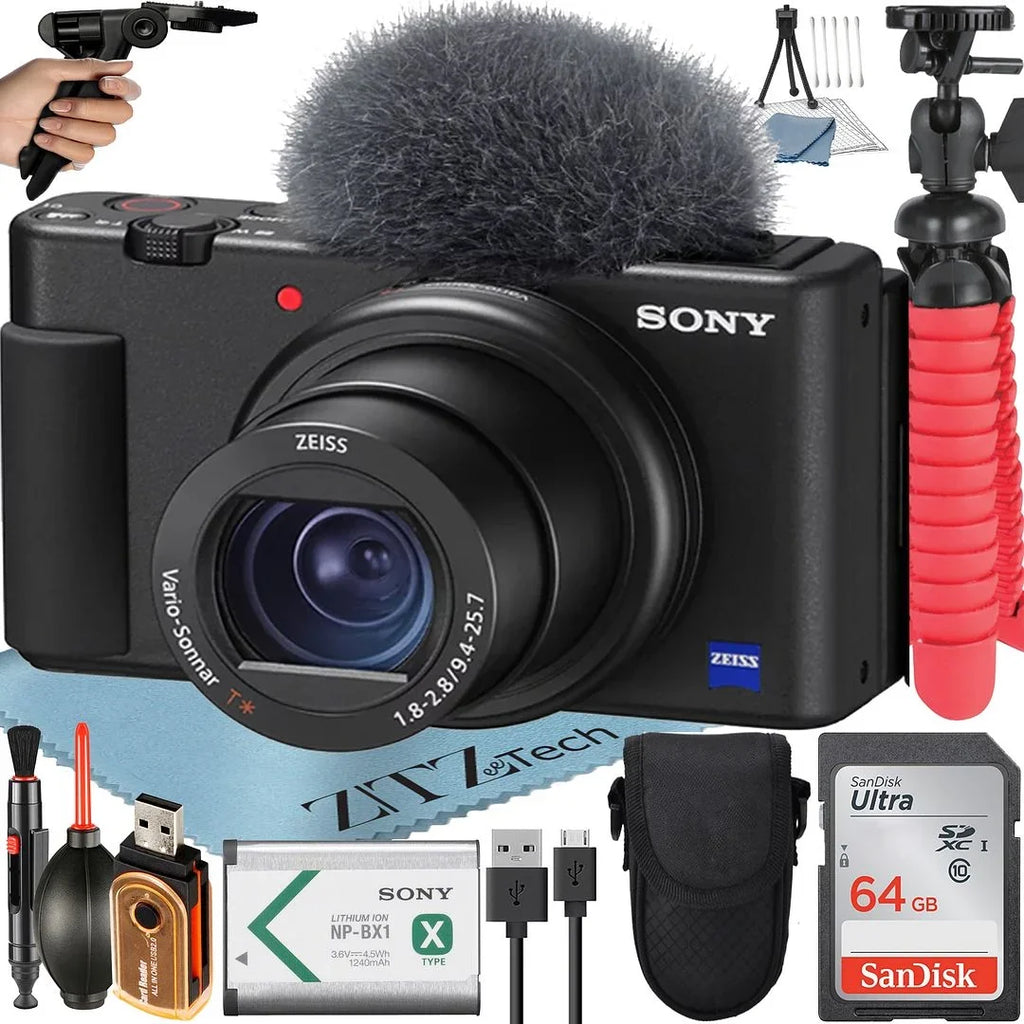 Sizeony ZV-1F Vlogging Camera (Black) with SizeanDisk 64GB Memory Card + Tripod + ZeeTech Accessory Bundle