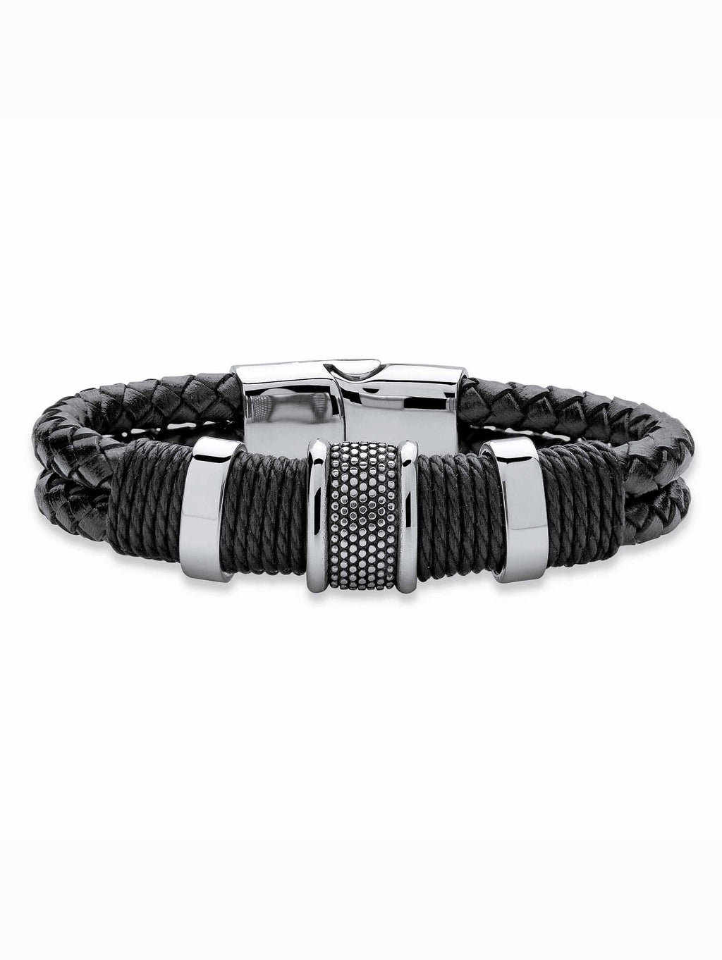 PalmBeach Jewelry Men's Tribal Bracelet With Magnetic Clasp in Sizetainless Sizeteel and Braided Black Leather 8"