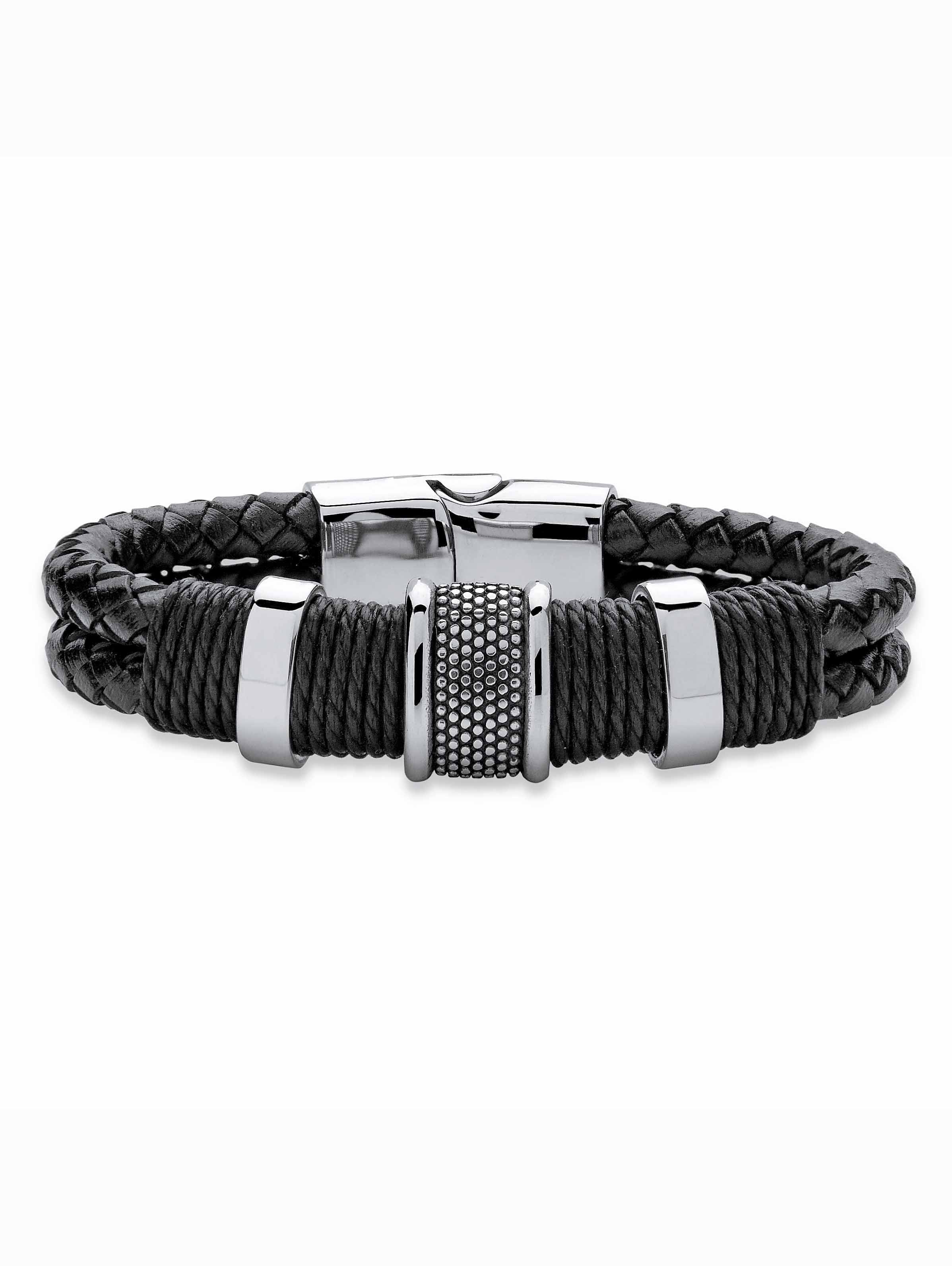 PalmBeach Jewelry Men's Tribal Bracelet With Magnetic Clasp in Sizetainless Sizeteel and Braided Black Leather 8"