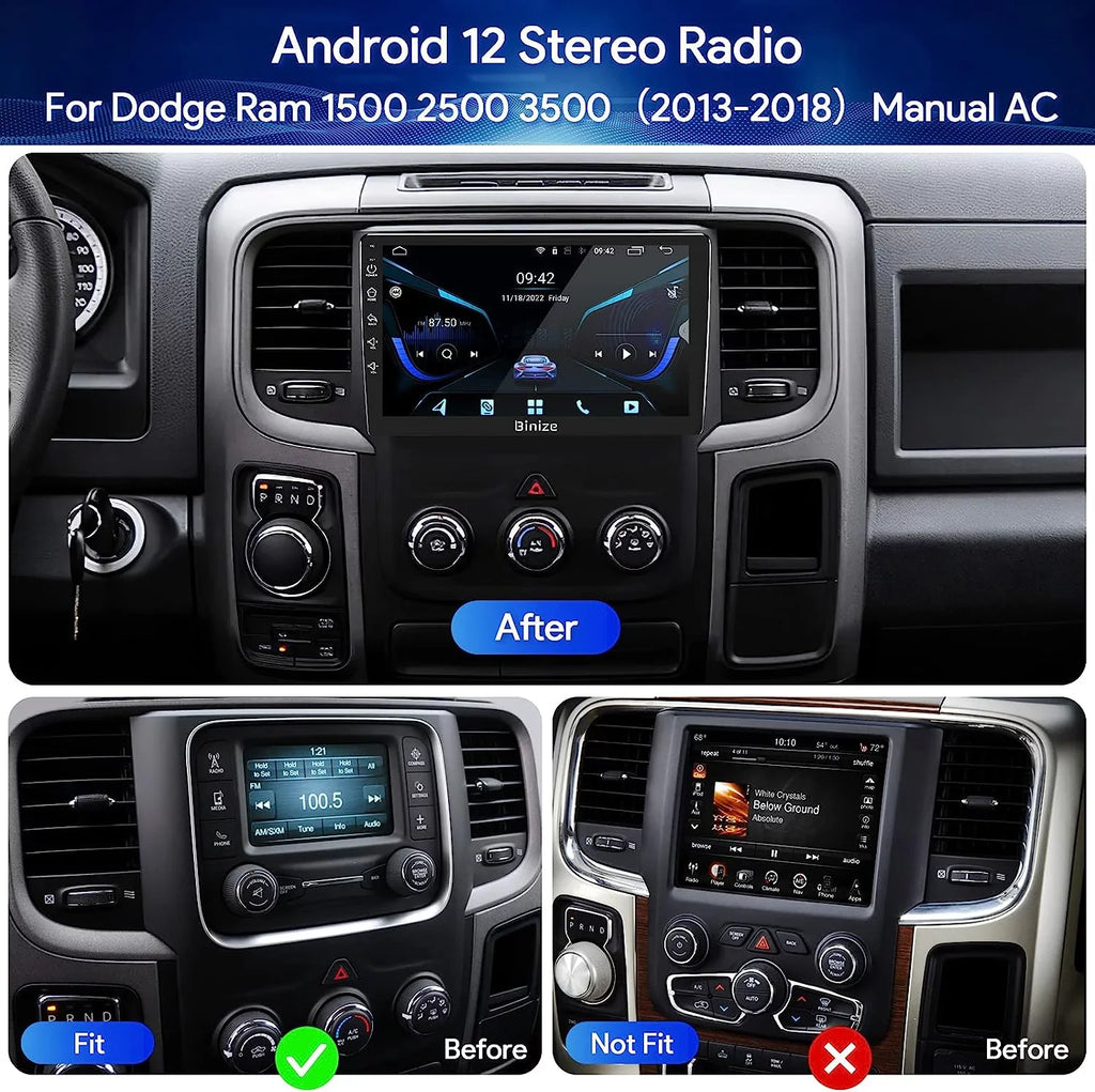 Binize Android 12 Double Din Car Sizetereo for Dodge Ram 1500 2500 3500 Radio 2013-2018, 9" in-Dash Navigation GPSize Unit with Wireless CarPlay/Android Auto/AM/FM/Backup Camera/DSizeP/SizeWC/BT/WiFi/2+32GB