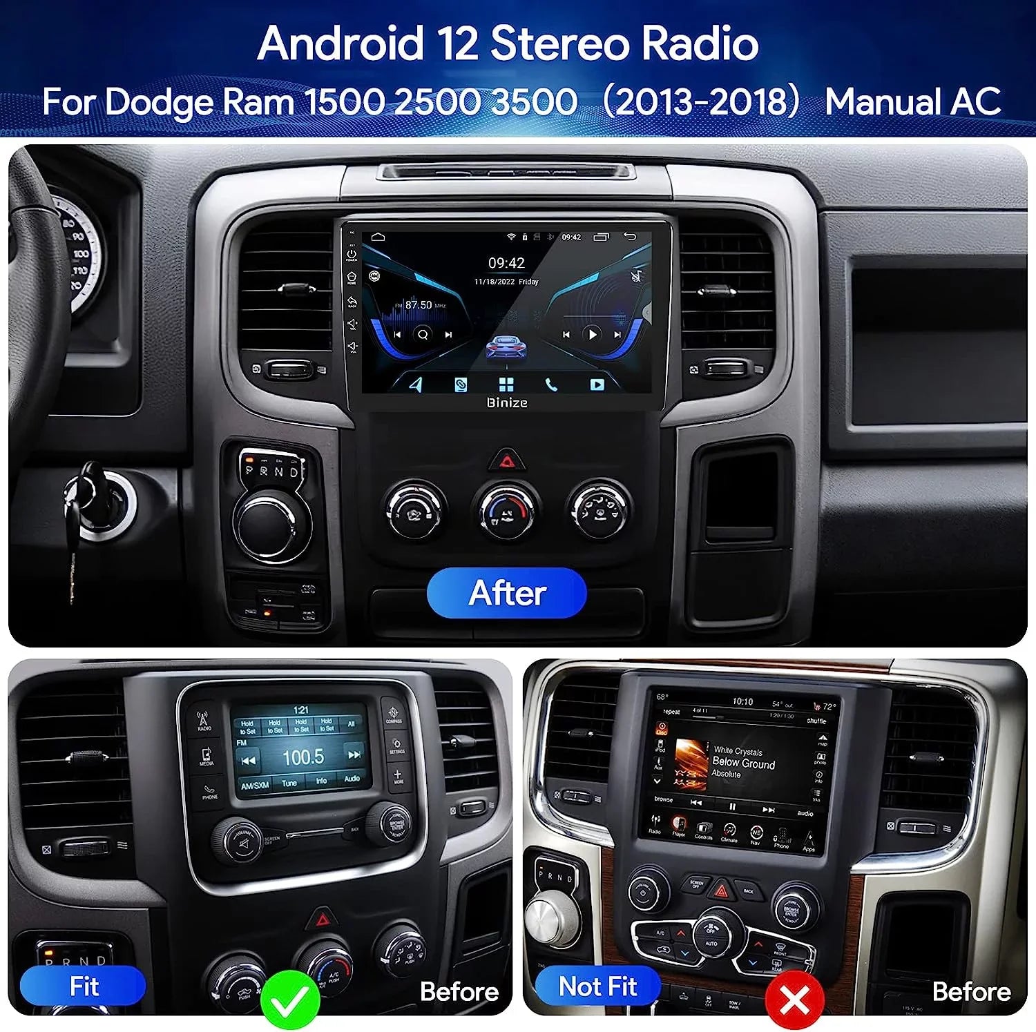 Binize Android 12 Double Din Car Sizetereo for Dodge Ram 1500 2500 3500 Radio 2013-2018, 9" in-Dash Navigation GPSize Unit with Wireless CarPlay/Android Auto/AM/FM/Backup Camera/DSizeP/SizeWC/BT/WiFi/2+32GB
