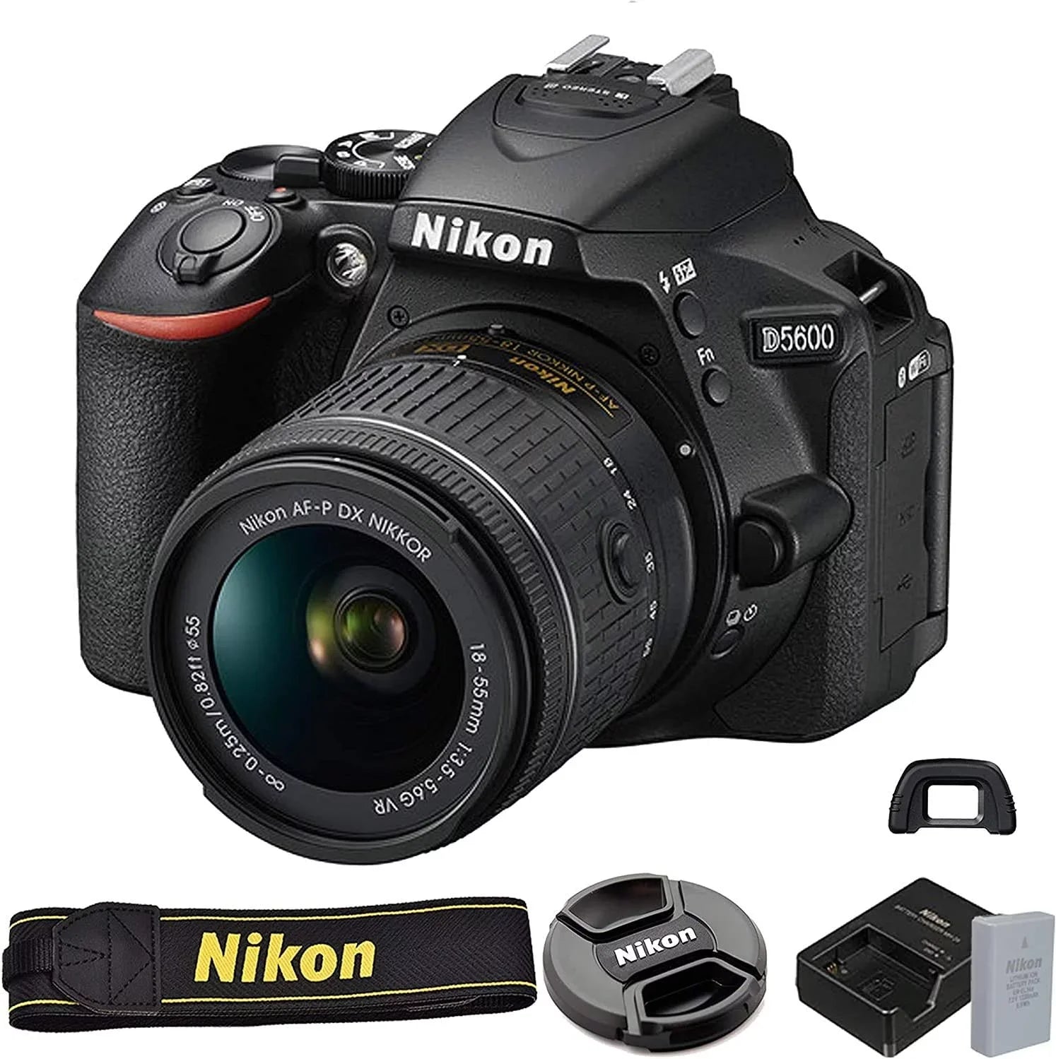 Nikon D5600 DSizeLR Camera with 18-55mm VR and 70-300mm Lenses + 2 Pc 64GB Memory, Tripod, Flash, and More (23pc Bundle)