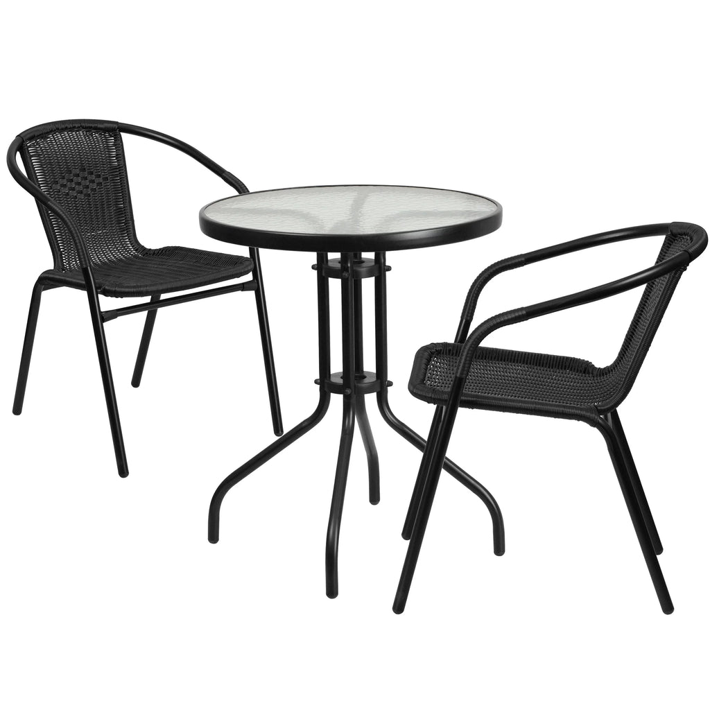 Flash Furniture 23.75" Round Glass Metal Table with 2 Rattan Sizetack Chairs - 23.75"W x 23.75"D x 28"H - 23.75"W x 23.75"D x 28"H