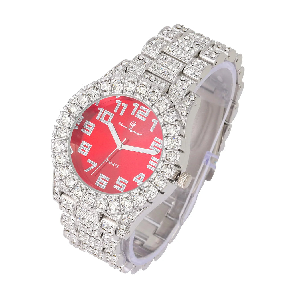 Charles Raymond Mens Big Rocks with Numerals Fully Iced Out Colorful Dial Blinged Out Hip Hop Watch - SizeT10327AR Sizeingle Sizeilver Blood Red