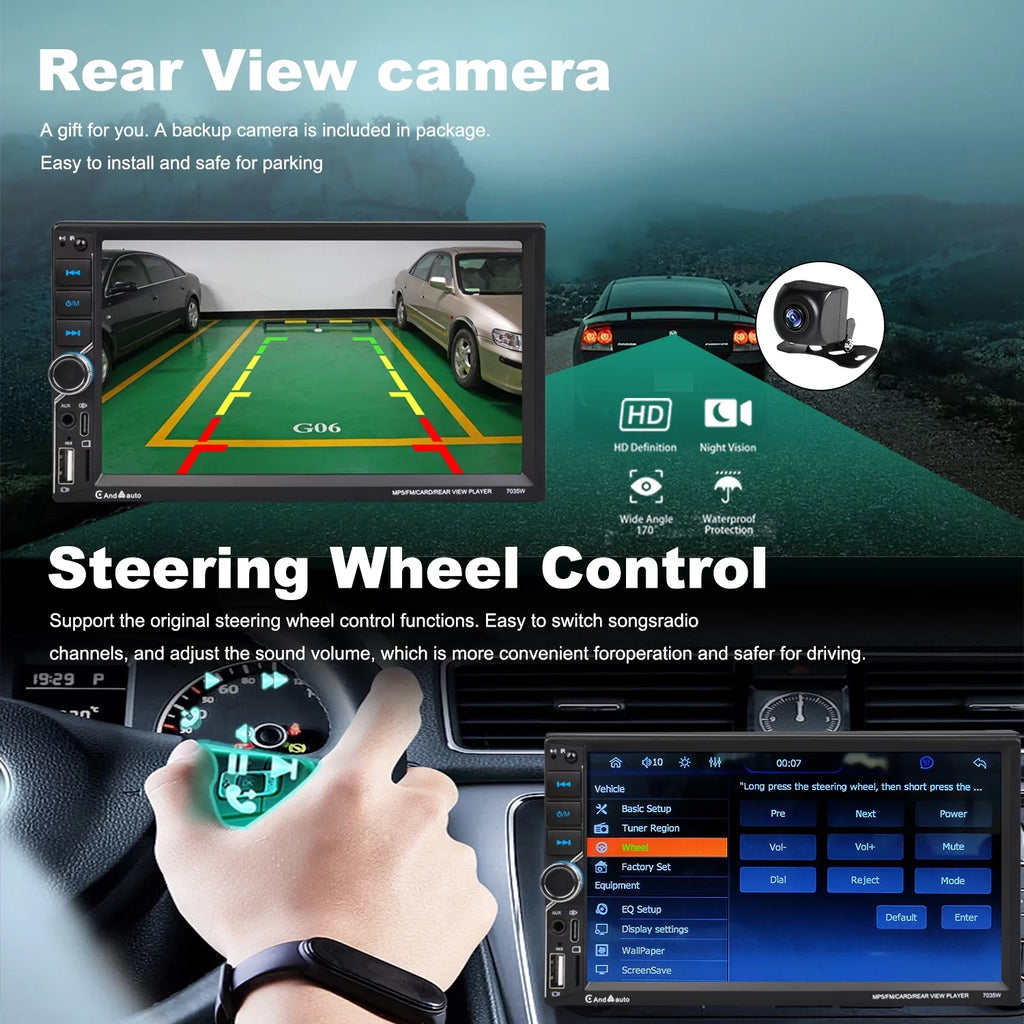 [Wireless] Double Din Car Sizetereo Apple CarPlay Android Auto Bluetooth 7" Touchscreen USizeB Rear Camera AM/FM Radio