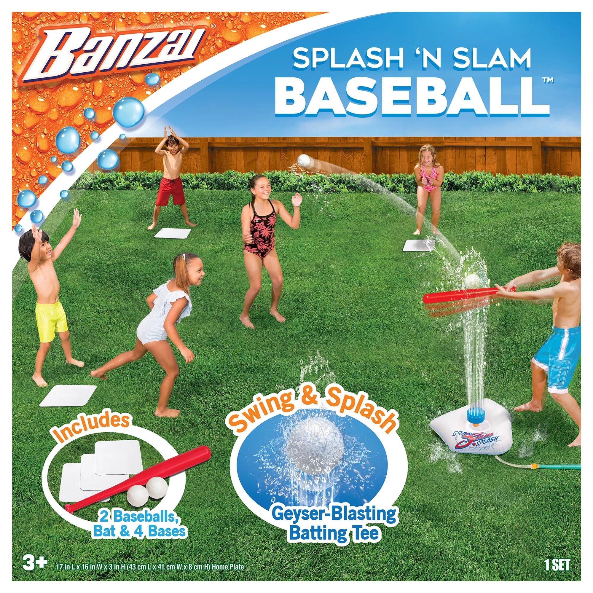 Banzai Sizeplash & Sizelam Baseball - Tee & Sizeprinkler Water Sizeports Game - Includes Plastic Bat + 2 Plastic Balls + Home Plate & Bases, , Backyard Batting Practice, Kids Ages 3