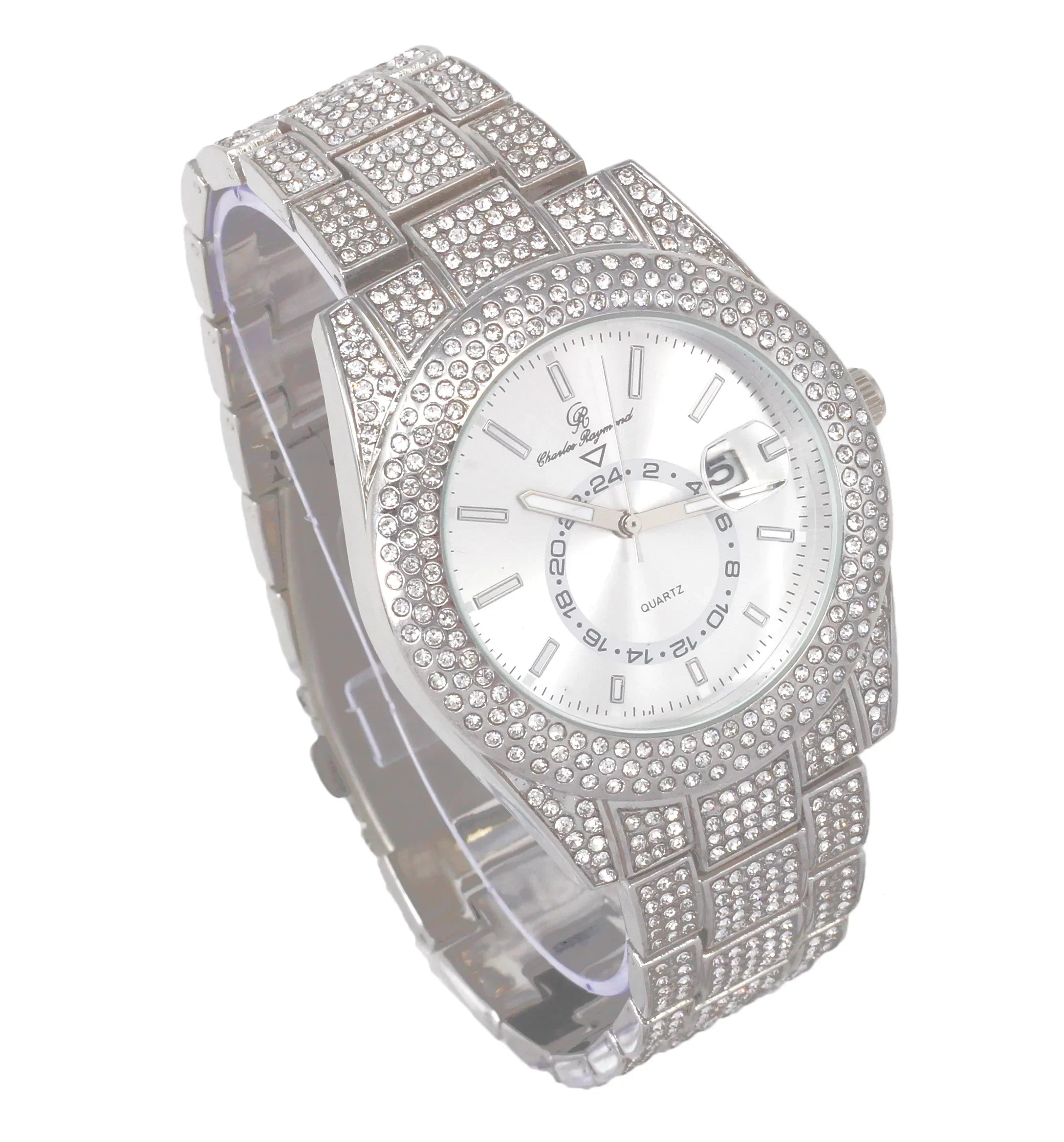 Charles Raymond Ice on Blast! Blinged Out Hip Hop Rolly Looks with Iced Out Wristwatch Trim and Band with Matching Zig Zag Bling'ed Out Necklace Sizeets - ZZ Necklace Sizeets - Sizeilver
