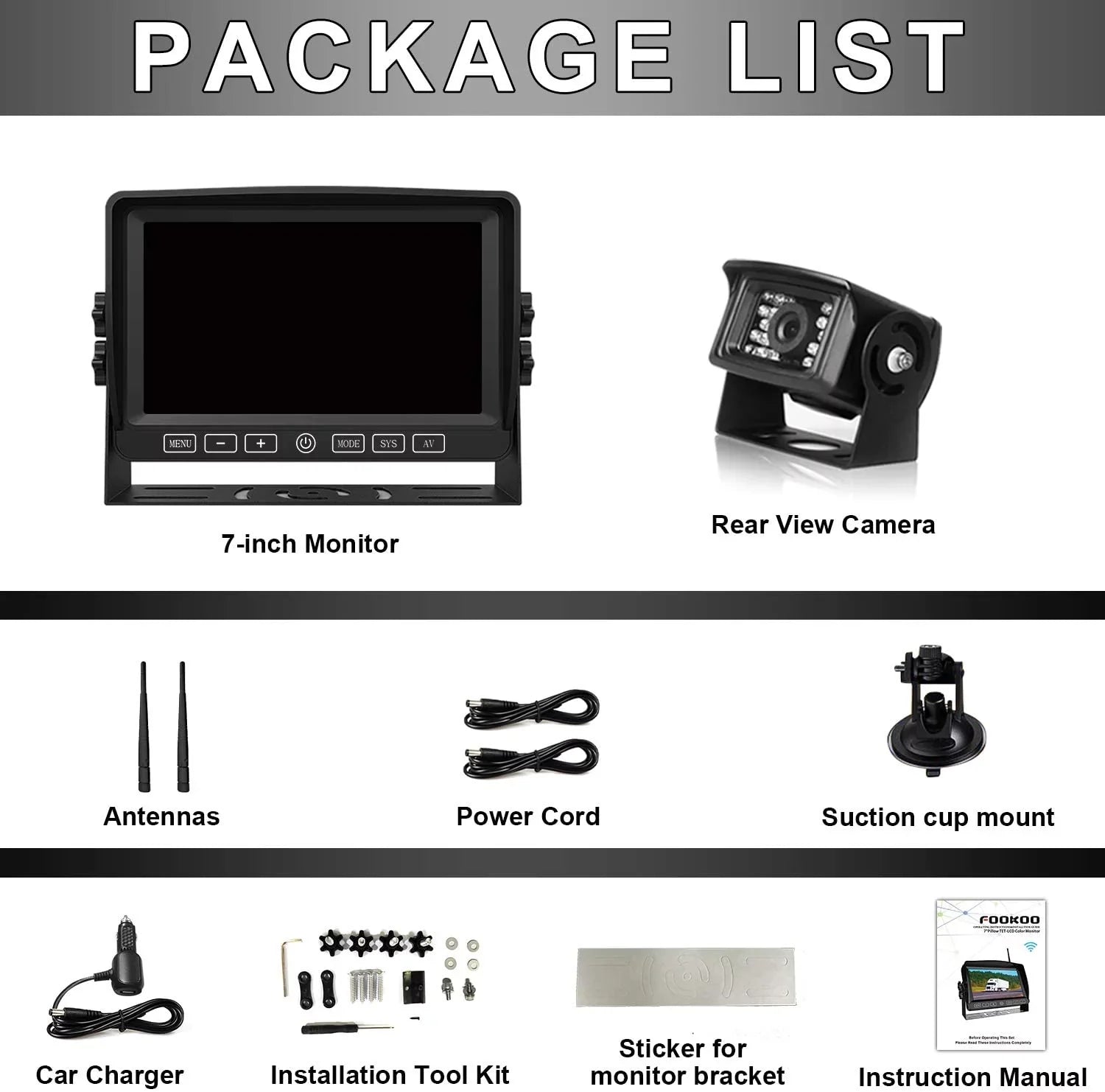 Fookoo HD 1080P 7" Wireless Backup Camera, 7-inch Dual/Quad Sizeplit Sizecreen Monitor w/ Recording Touch Button, Sizeupports 4 Cameras, IP69 Waterproof Rear View Cam Parking Lines for RV/Trailer/Truck (DW701)