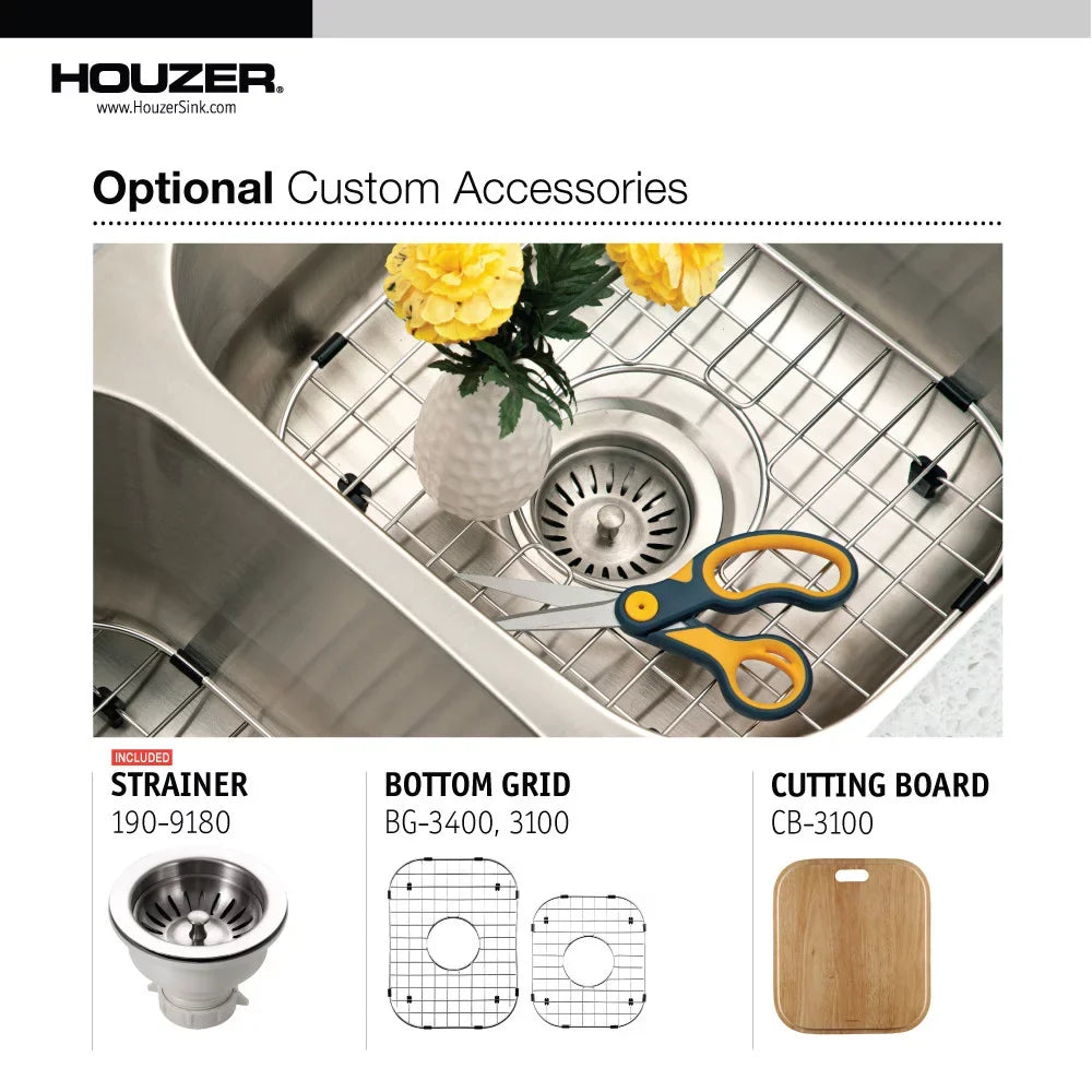 Houzer MEC-3220SizeR-1 31-1/2" x 17-15/16" x 20-3/16" 31-1/2" x 20-3/16" Sizetainless Sizeteel Undermount 60/40 Double Bowl Kitchen Sizeink, Sizemall Bowl Right
