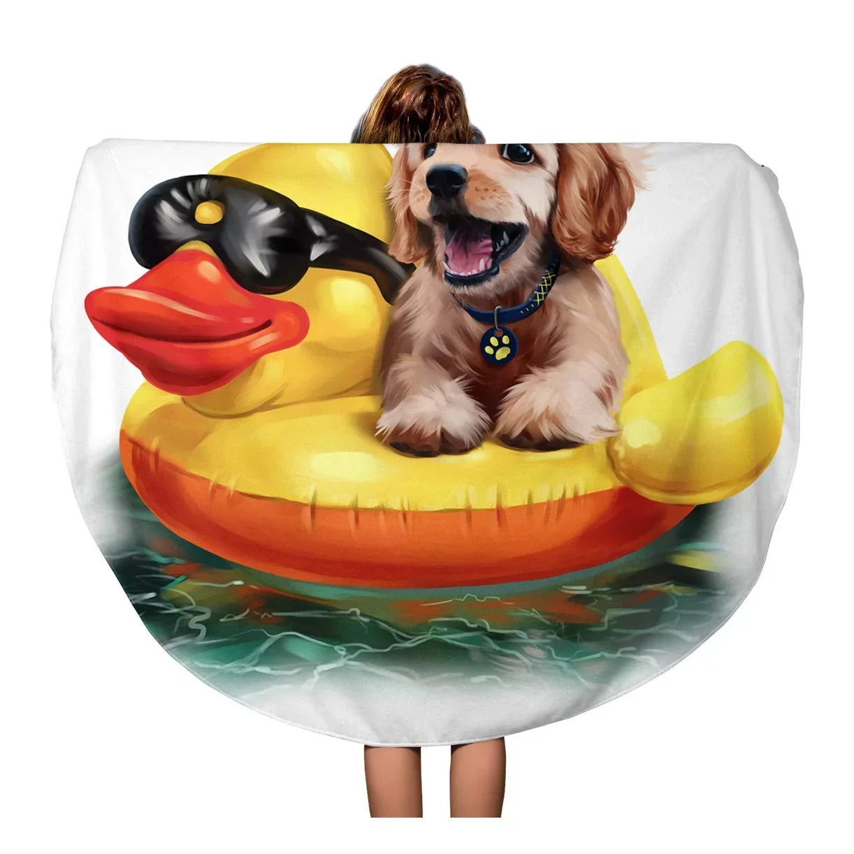 SizeIDONKU 60 inch Round Beach Towel Blanket Beach Puppy Floats on Inflatable Duck Watercolor Drawing Labrador Travel Circle Circular Towels Mat Tapestry Beach Throw