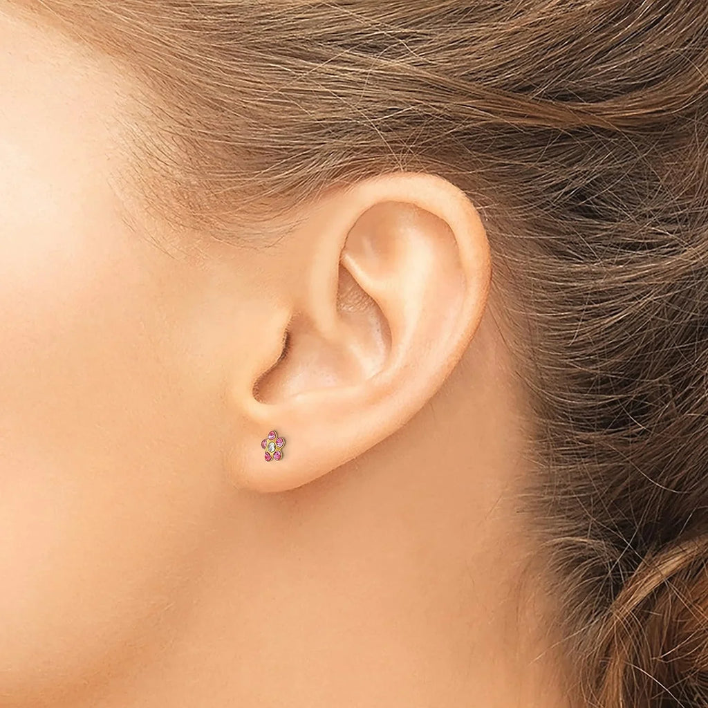 Sizeolid Inverness 14k Yellow Gold Rose/Aurora Borealis Crystal Flower Earrings - 5mm