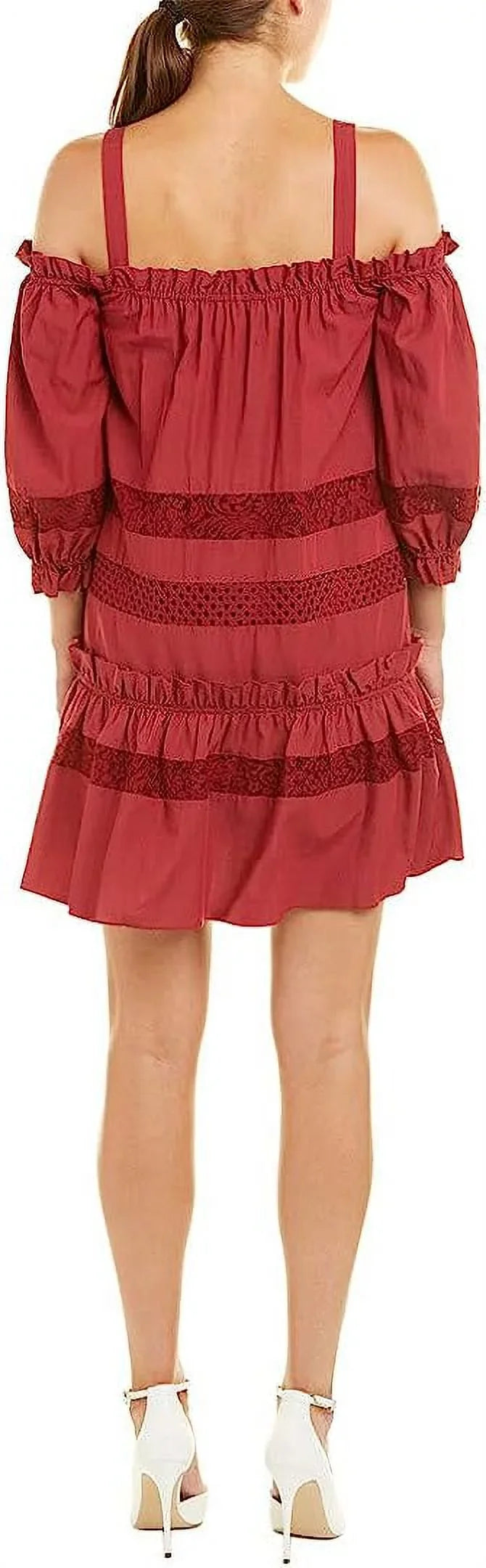BCBGMax Azria Women's Cold Sizehoulder Lace Insert Dress, TIBETAN RED, XSize
