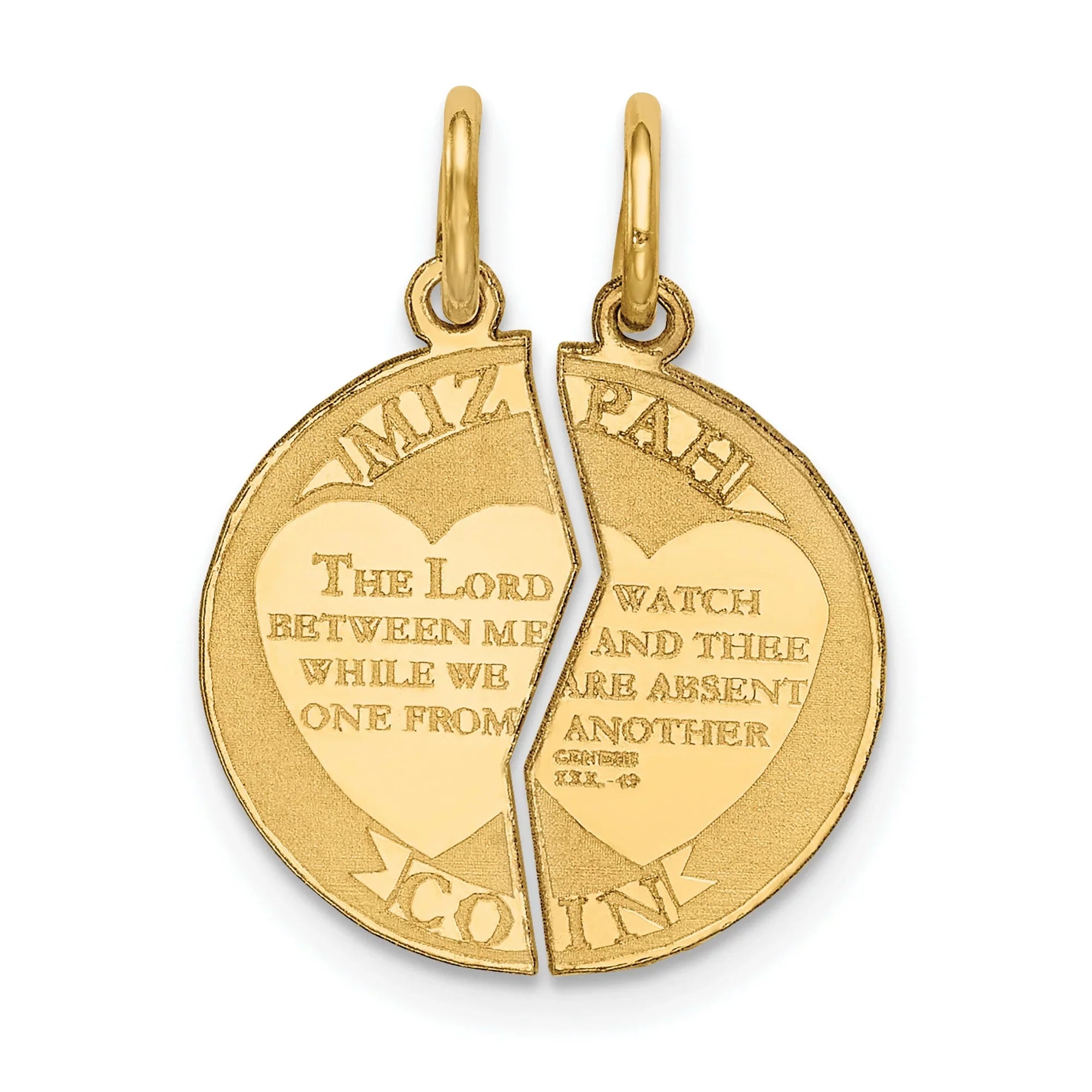 14k Yellow Gold 2-Piece Break Apart Mizpah Coin Emotional Bond Words Genesis 31:49 on Round Pendant 22 mm x 17 mm