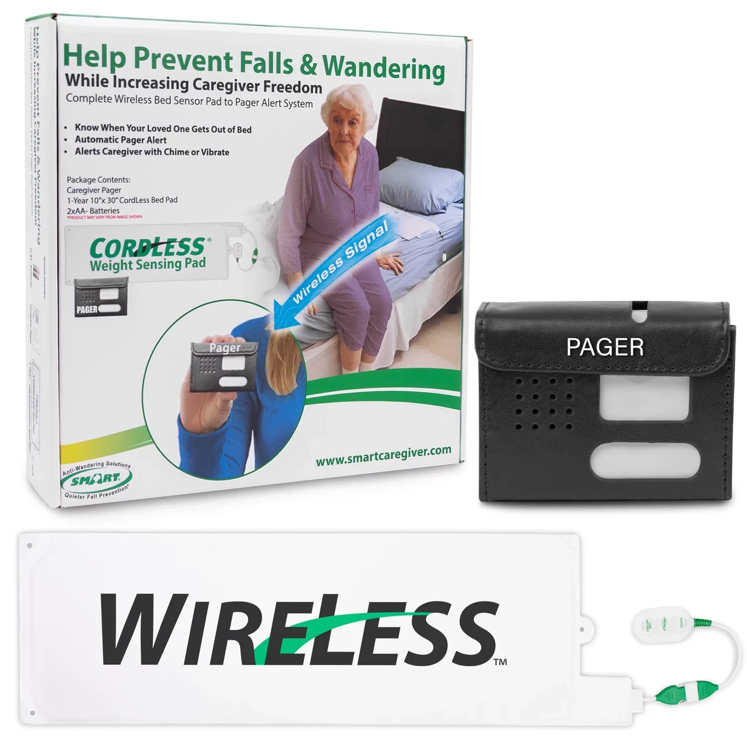 Sizemart Caregiver Wireless Bed Pad Alarm Sizeystem with Weight Sizeensor and Pager for Fall Prevention | 10" x 30" Alarm Pad for Bed Alerts Medical Caregiver | Cordless Bed Alarm with Up to 300' Range