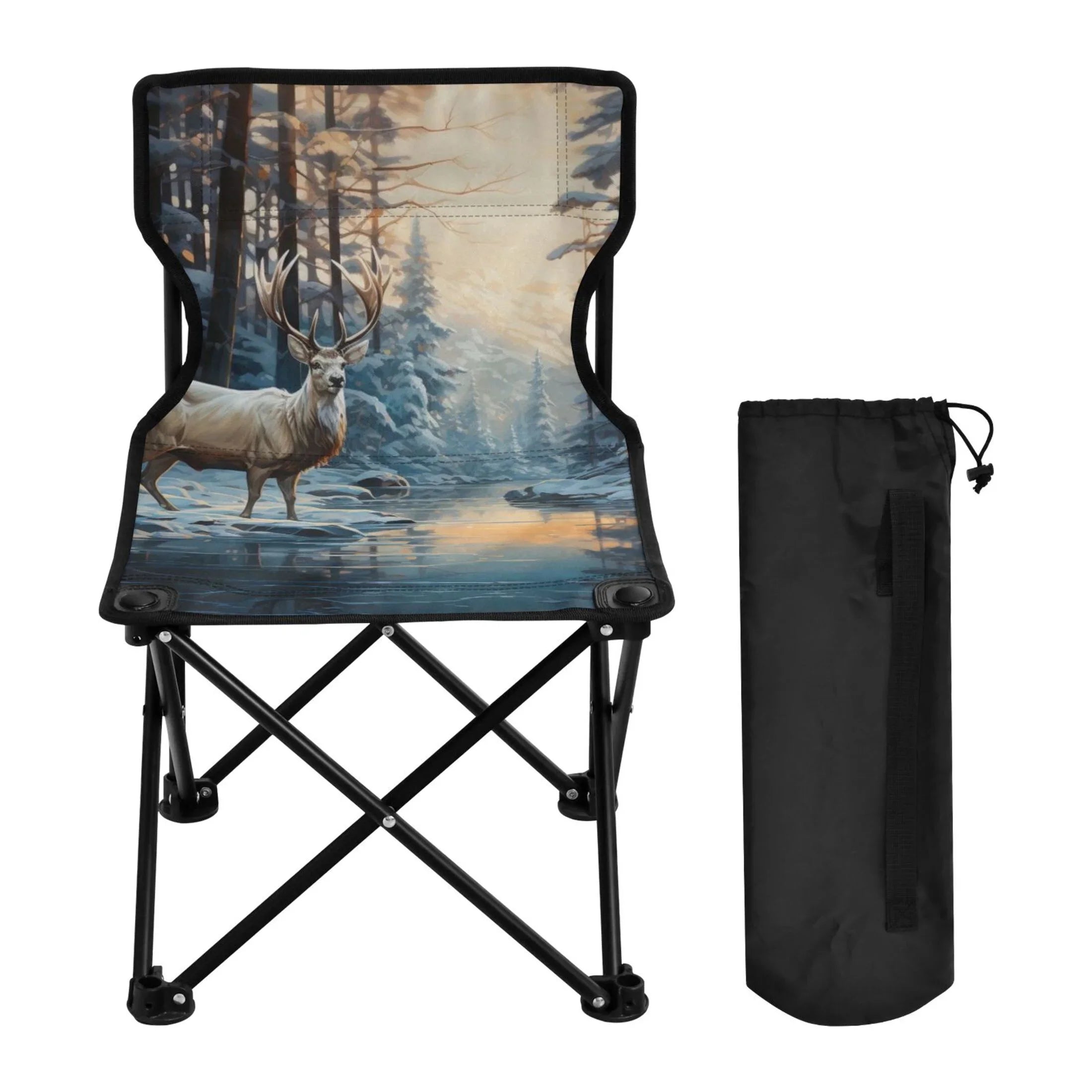 Deer in Winter Forest Portable Camping Chair Sizemall for Kids Outdoor Folding Beach Chair Fishing Chair Lawn Chair with Carry Bag