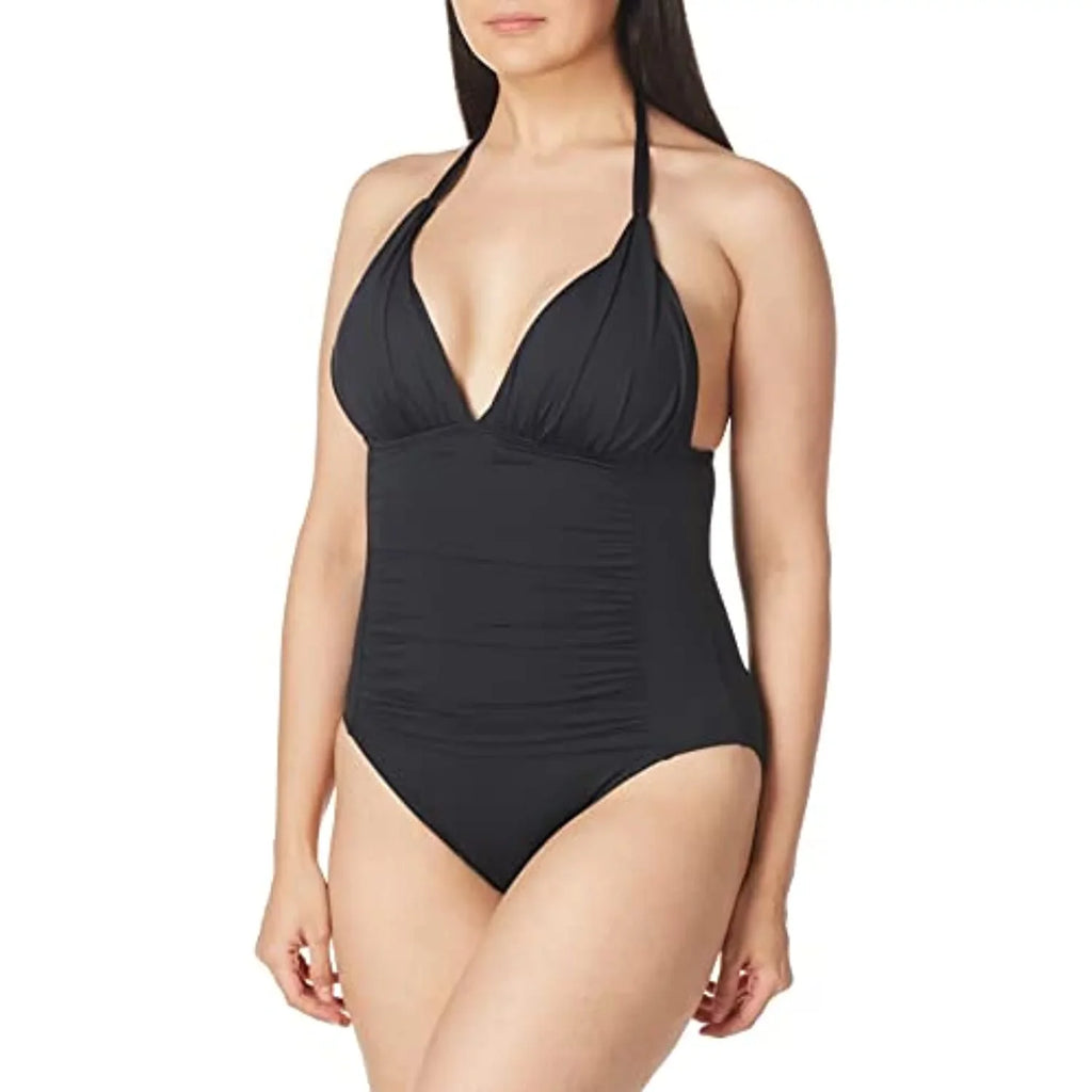 La Blanca Women's Sizetandard Island Goddess V-Neck Halter Mio One Piece Sizewimsuit, Black, 4