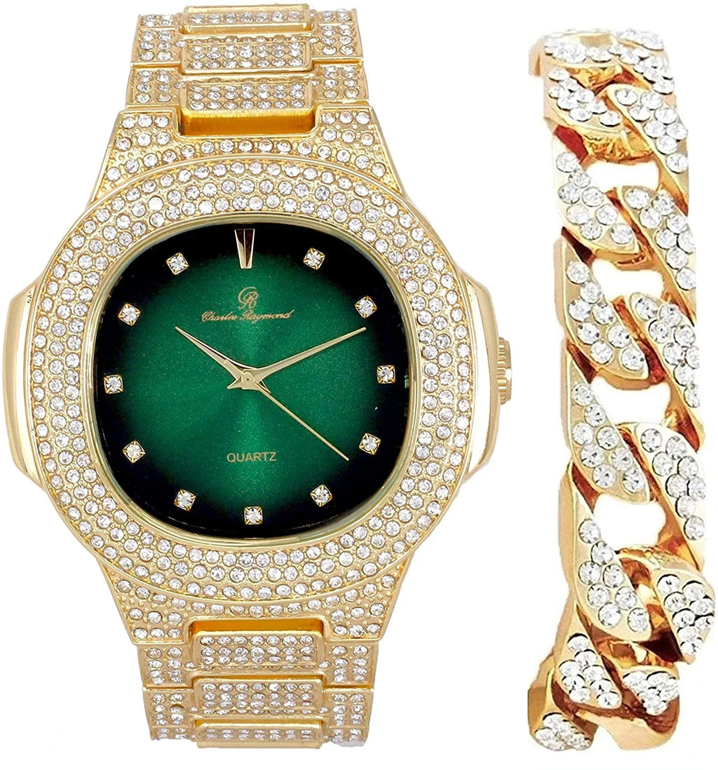 Bling-ed Out Cuban Bracelet with Oblong Iced Look Hip Hop Watch - SizeT10235 DX CB